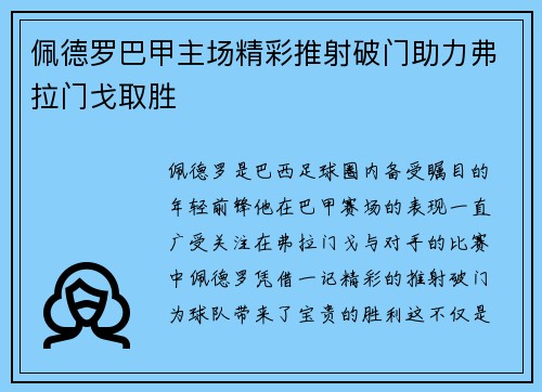 佩德罗巴甲主场精彩推射破门助力弗拉门戈取胜 佩德罗巴甲主场精彩推射破门助力弗拉门戈取胜